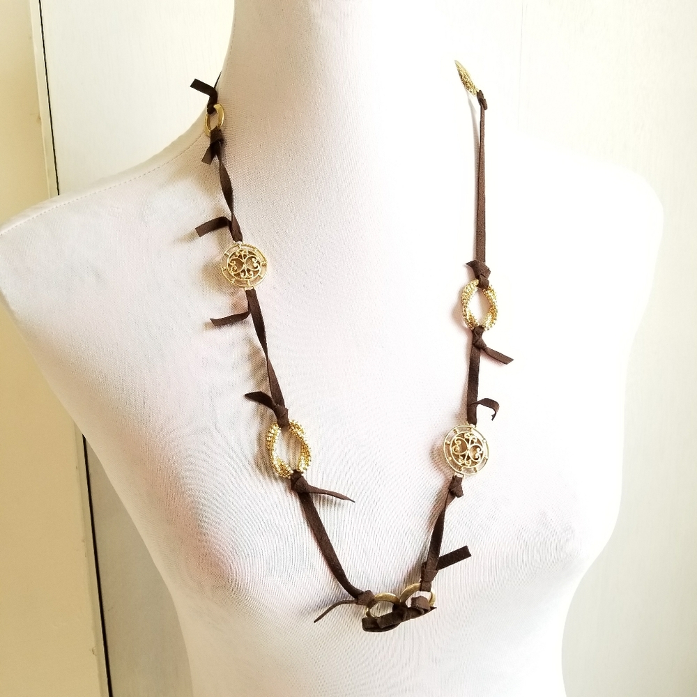 Necklace tied knots brown faux suede ribbon